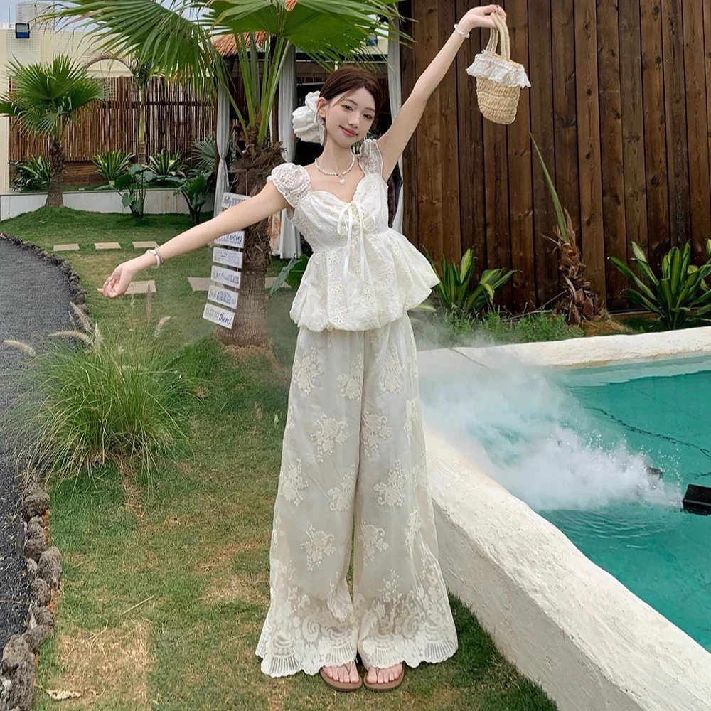 【南法假日】天丝套装蕾丝吊带短袖小上衣+宽松绣花阔腿裤两件套