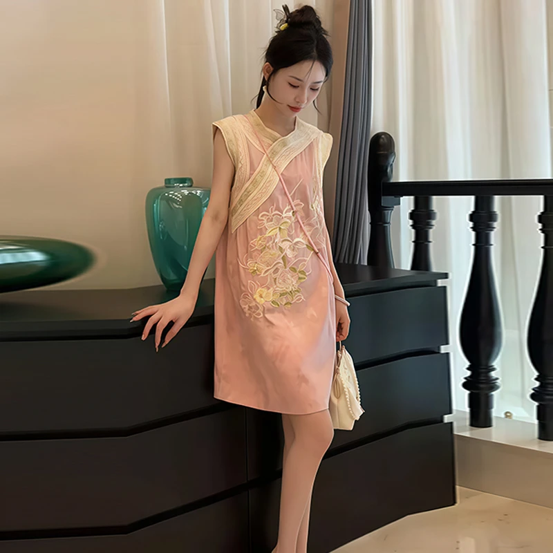 时尚气质薄款宽松印花拼接无袖连衣裙女士2025年夏季减龄百搭裙子