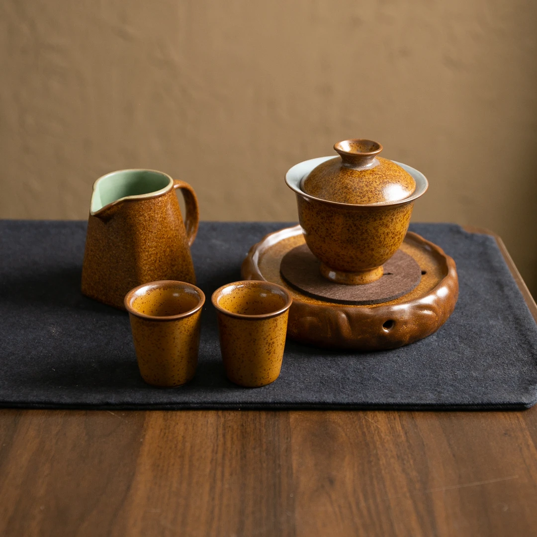 【境悟器】黄金瓷盖碗大组合.1489.悦窑黄金瓷高端茶壶复古茶具套装