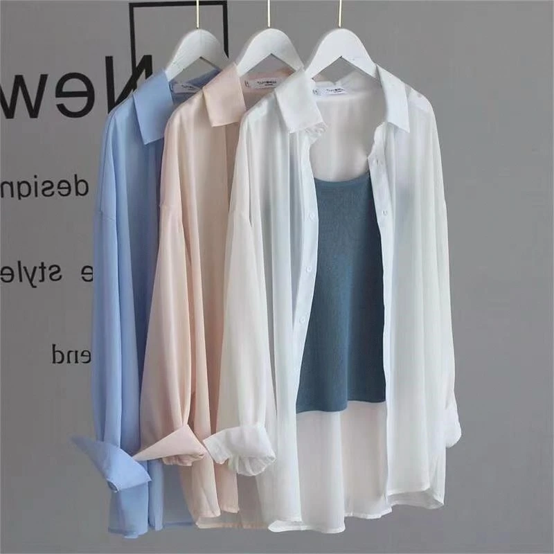 垂感不皱雪纺防晒衫女夏天透气百搭衬衣遮阳外搭盖臀部薄衬衫外套