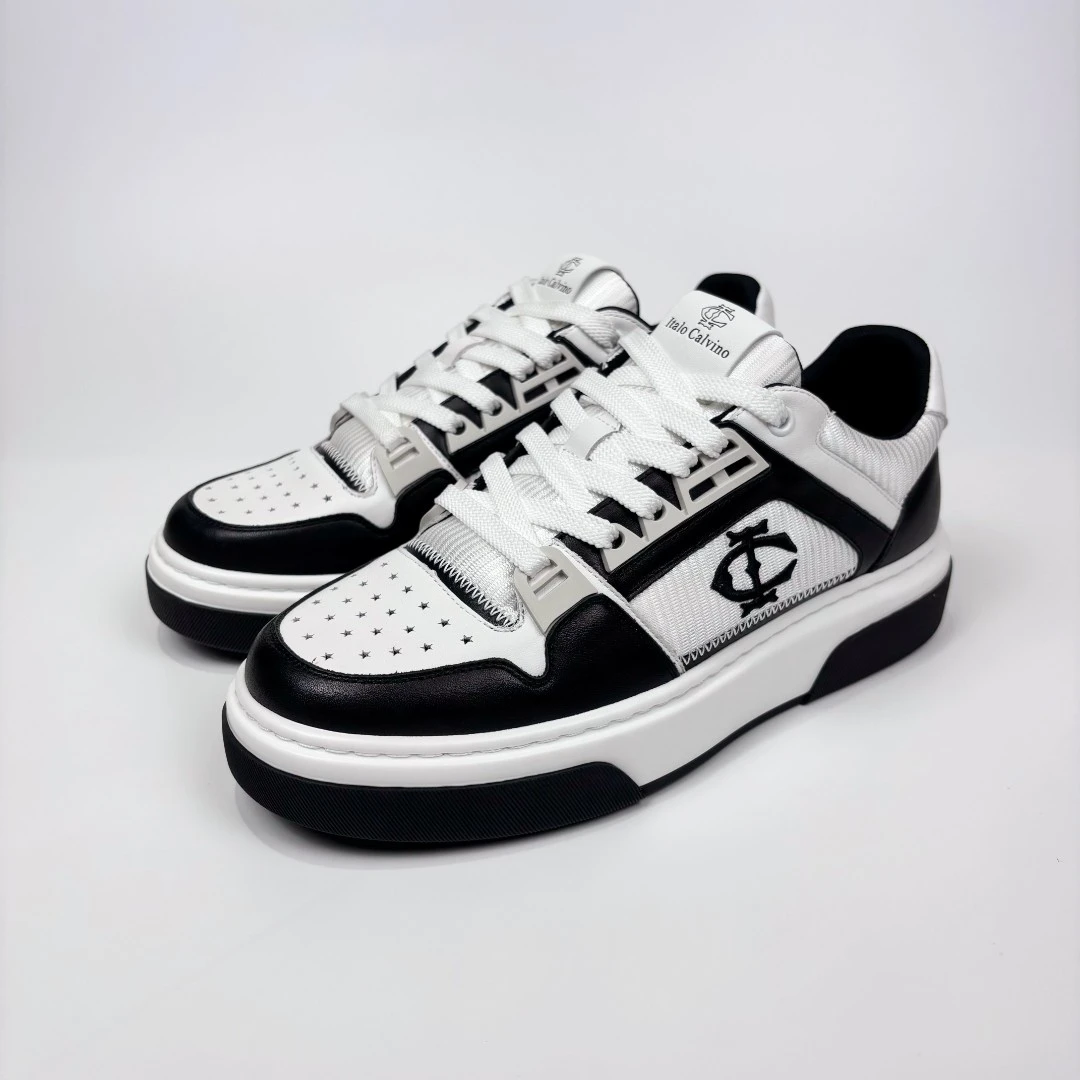 【爵迹轻奢】意卡维诺ITALOCALVINO新款潮流黑白男士真皮休闲板鞋