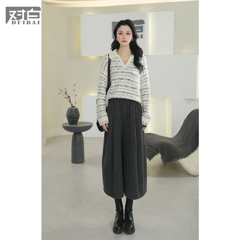 【杜鹃同款】对白彩点条纹翻领毛衣女2025冬新款含羊毛宽松针织衫