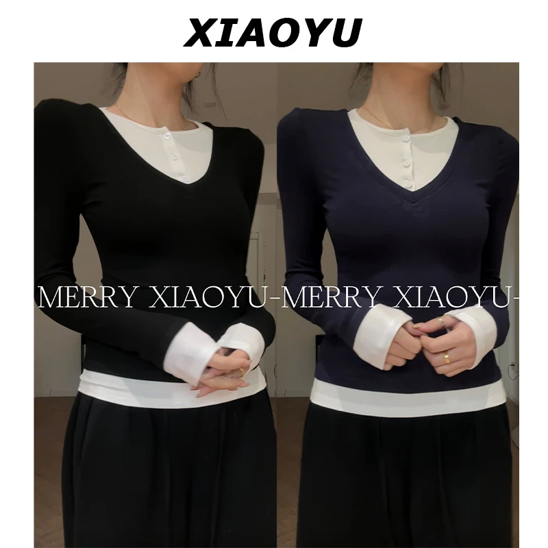 妙前小鱼【开春松弛】小众设计感撞色拼接长袖T恤显瘦百搭上衣