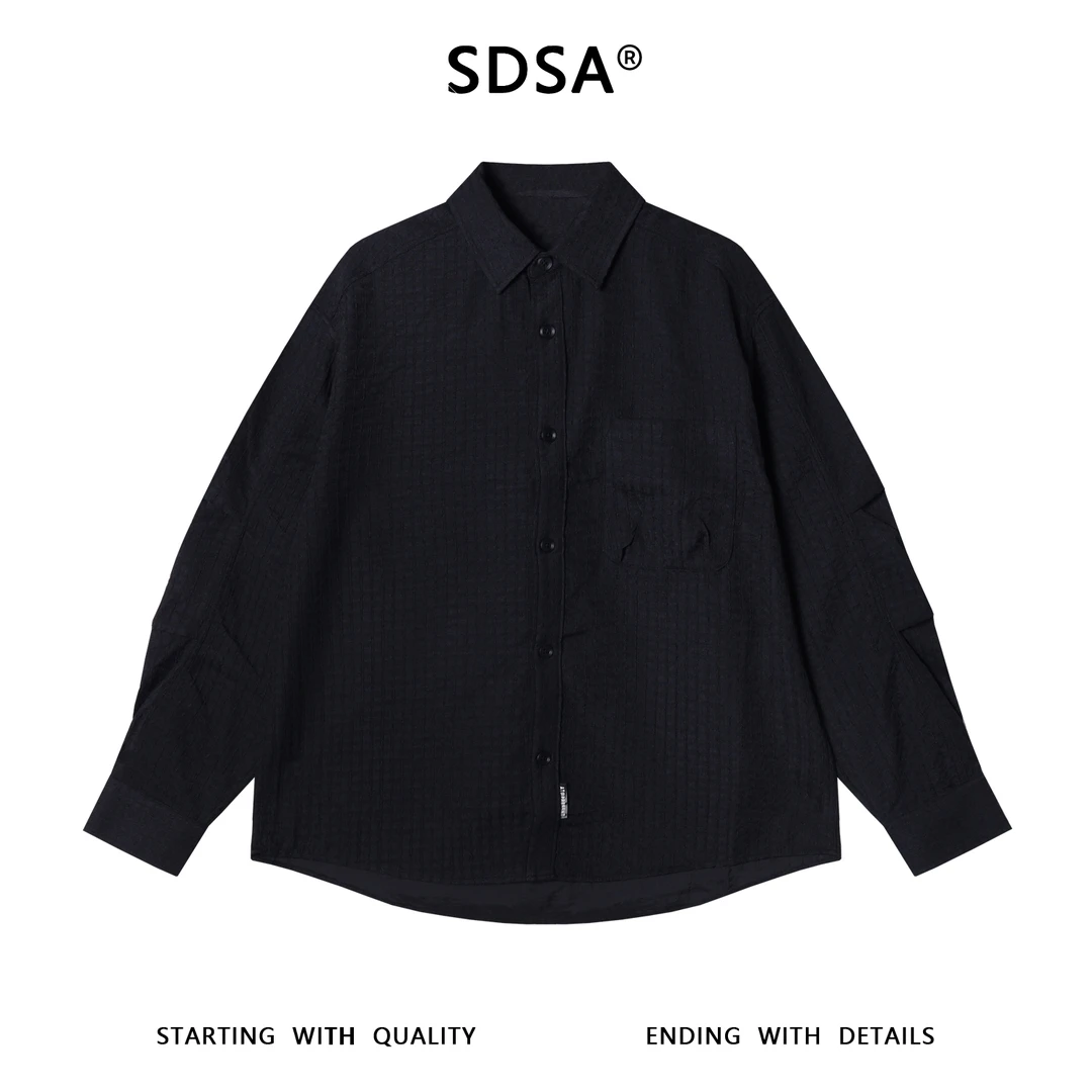 SDSA男士秋冬新款痞帅男装潮牌纯色褶皱竖纹长袖衬衫时尚百搭衬衣