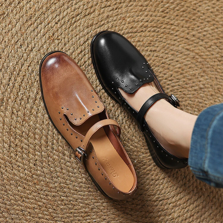 浅口单鞋2024年秋季复古风粗跟一字扣纯色