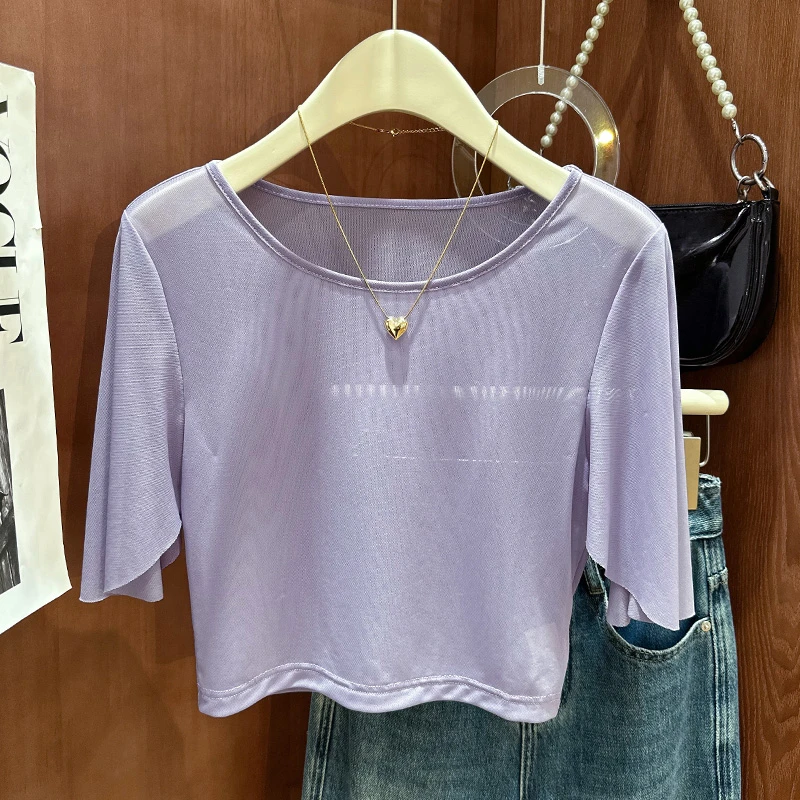 超薄冰丝网纱打底短款披肩外穿内搭女配吊带裙遮手臂圆领短袖罩衫