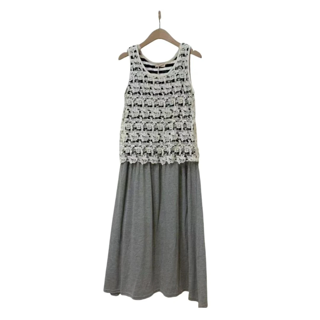 夏季新款小众女装设计师款圆领无袖绣花蕾丝拼接长连衣裙时尚洋气