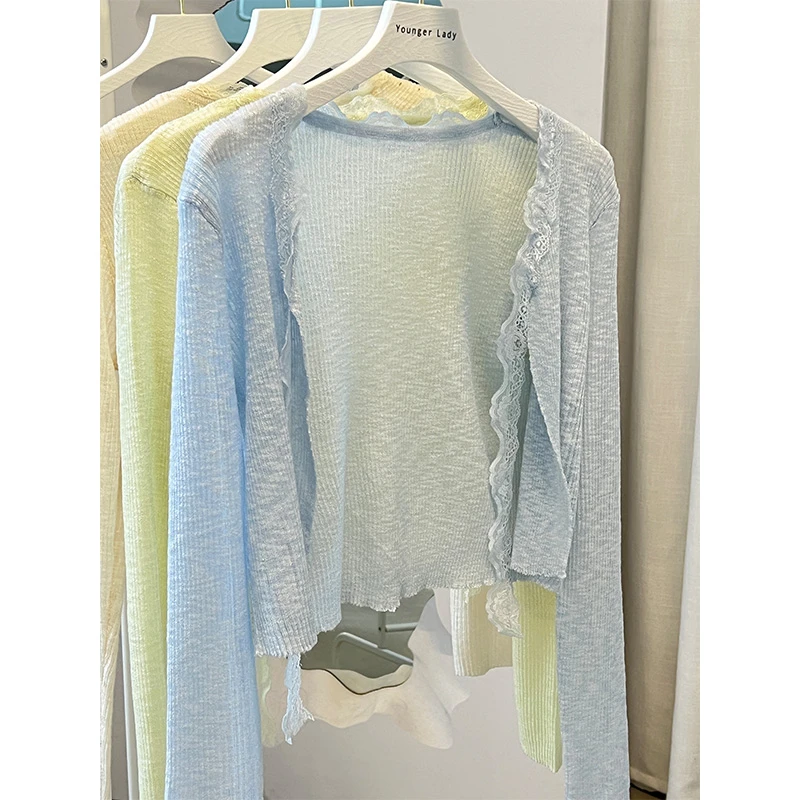 Younger Lady 甜美蕾丝拼接系带小开衫薄款搭配裙子外搭长袖上衣