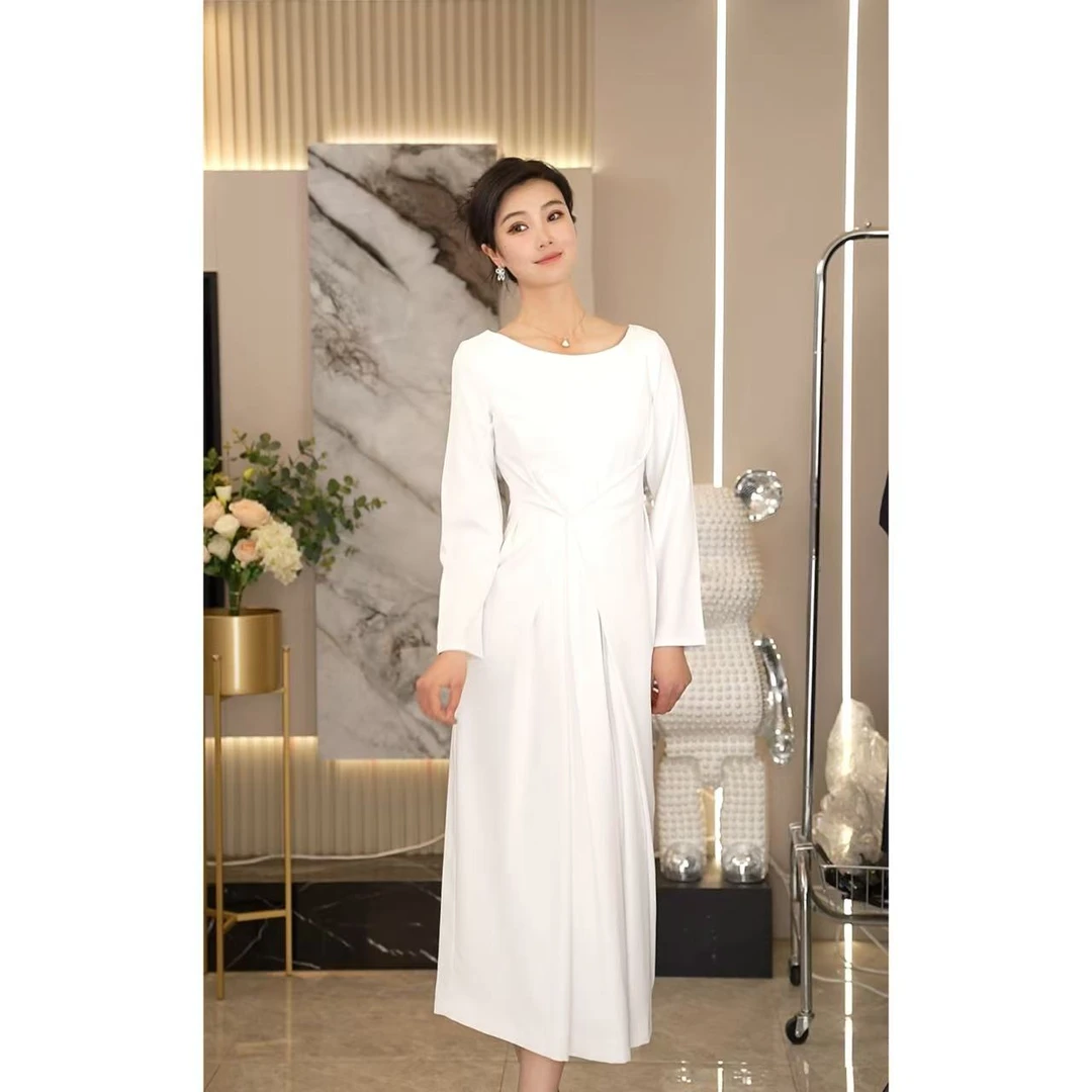 白色轻奢名媛长袖法式气质显瘦高端精致连衣裙