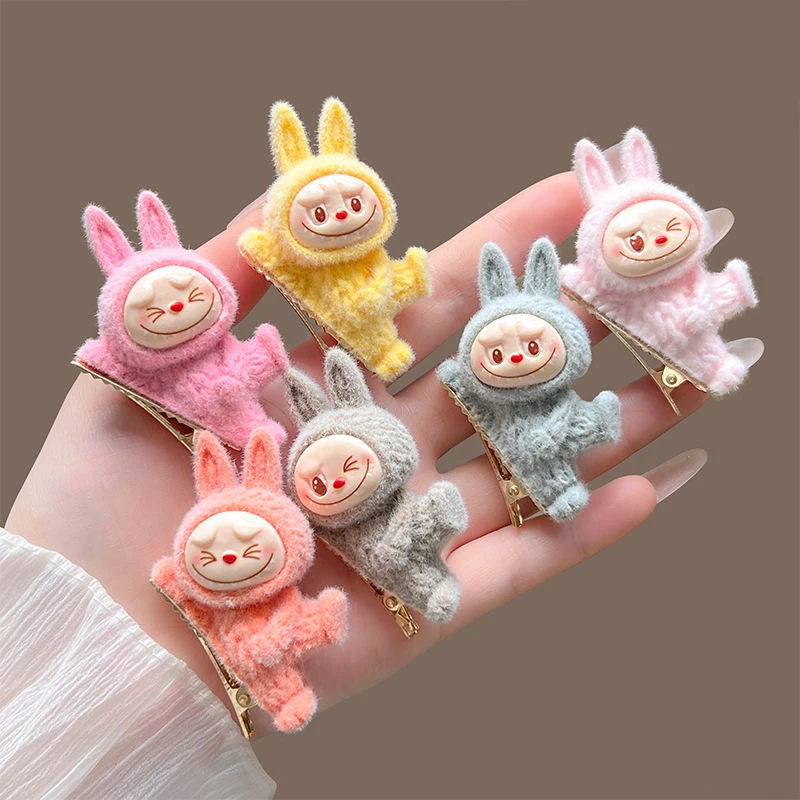 labubu发夹小公仔可爱少女侧边刘海鸭嘴卡通发饰侧躺植绒拉布布