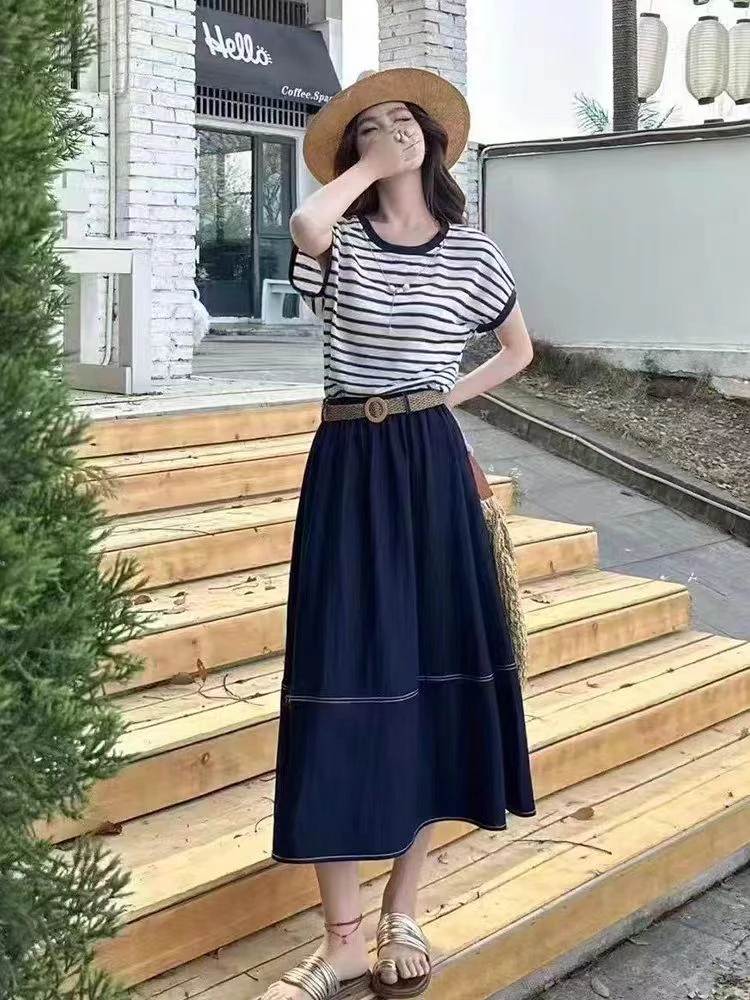 条纹短袖T牛仔半身裙两件套2593.03322.(衣长54裤长80)