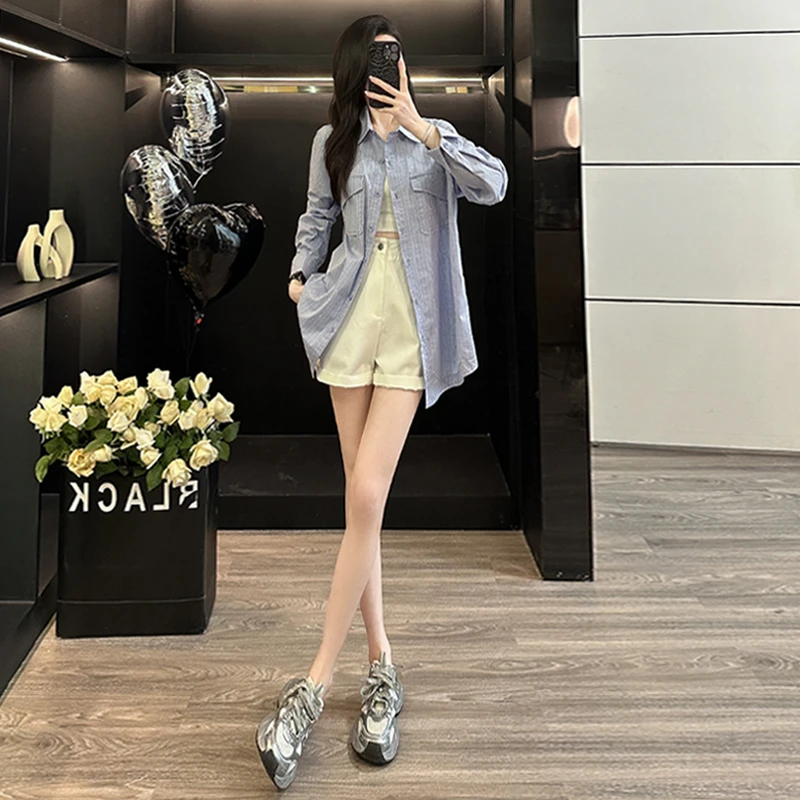 女款春季新款设计感纯色翻领百搭单排扣宽松时尚简约小个子衬衣潮