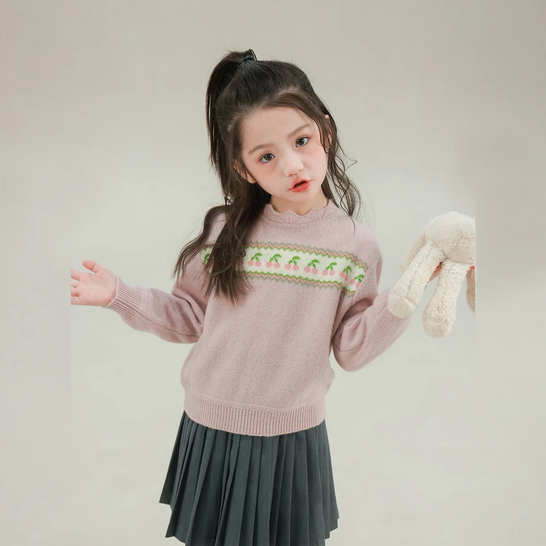 大耳象女童花边领樱桃毛衣2026春季新款纯羊毛针织上衣2611077