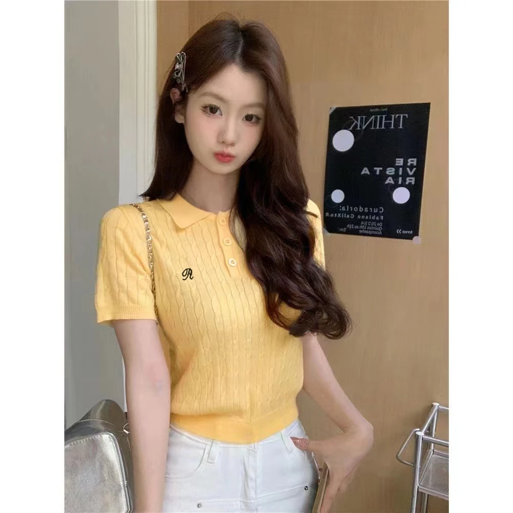 针织女白色POLO领短款学院风麻花短袖街头兔绒上衣设计感修身显瘦