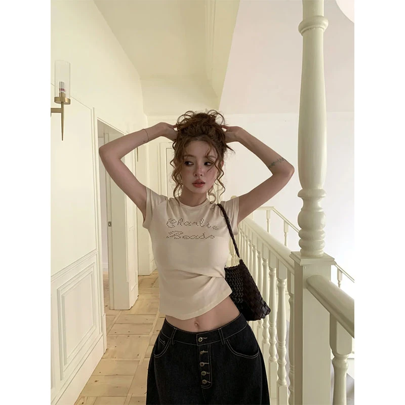 韩版时尚简约美式辣妹修身百搭短袖女复古高腰阔腿牛仔裤两件套