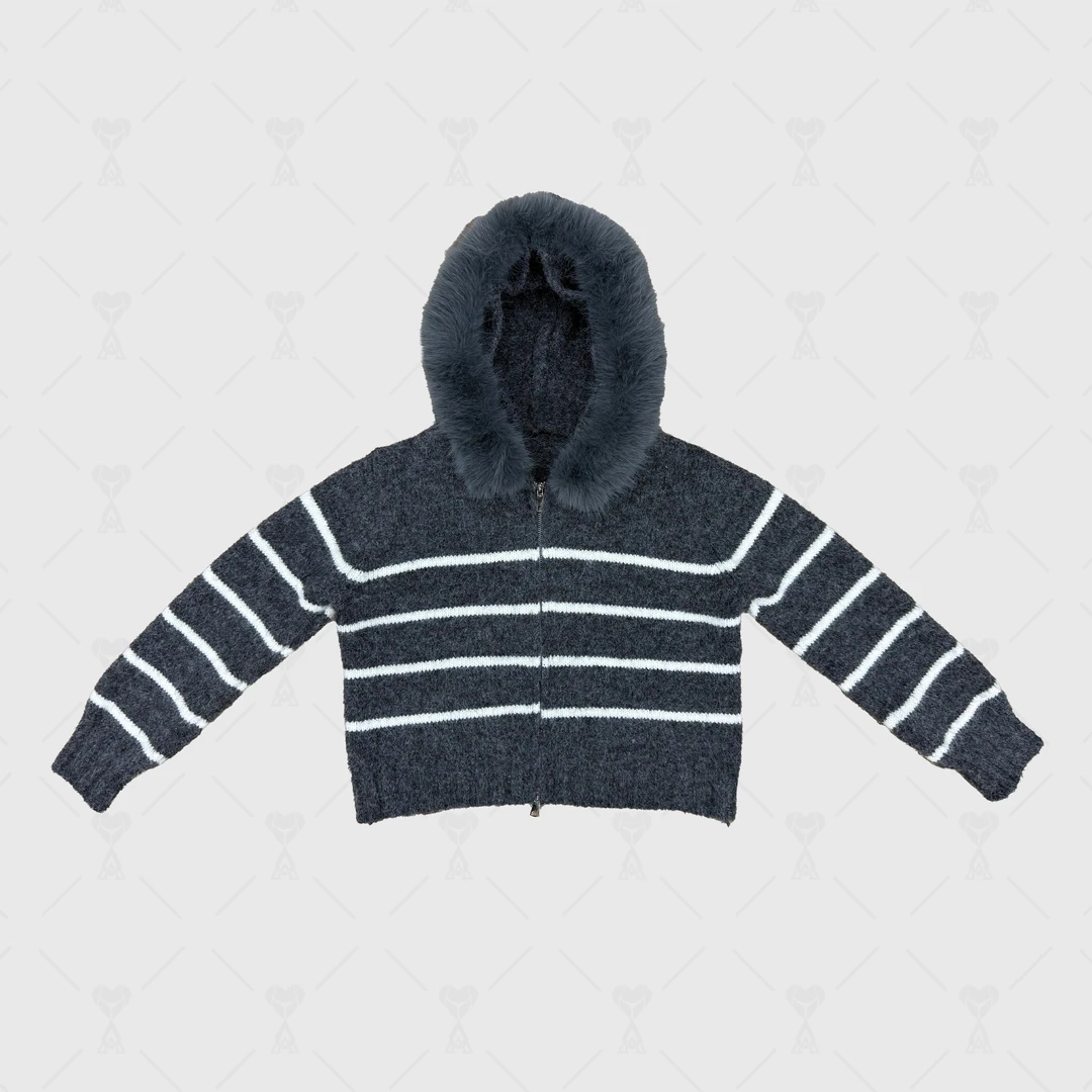 M 25新款 短款 条纹韩版羊毛外套 连帽风毛