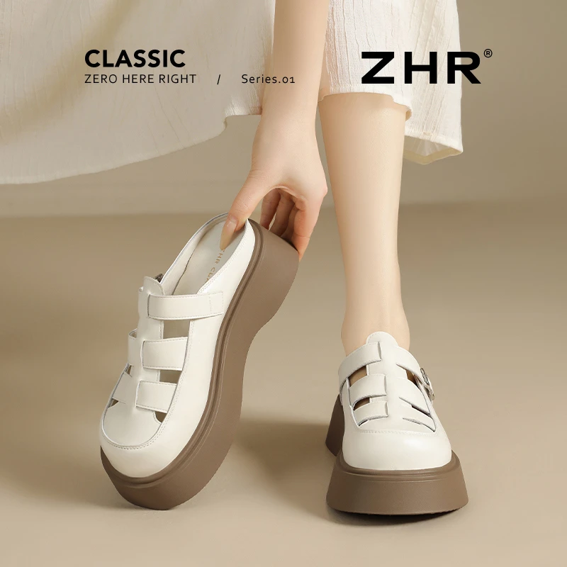 ZHR则则真皮罗马凉拖鞋女2025新款夏季外穿厚底洞洞鞋配裙女鞋