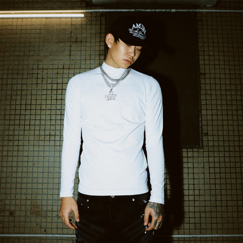 South美式纯色修身高弹力长袖男基础百搭logo印花小领口圆领T袖衫