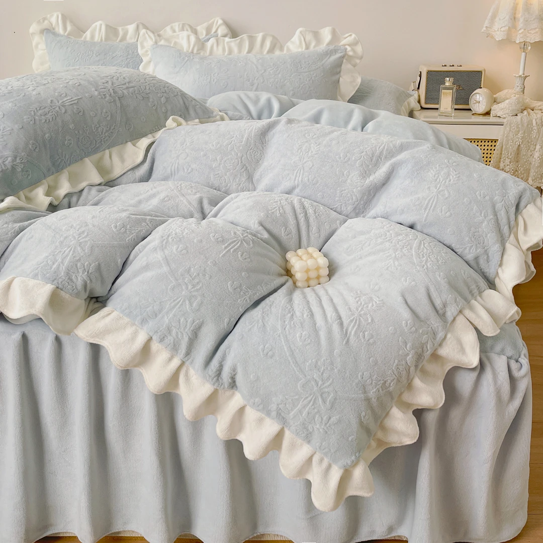 暖冬季加绒牛奶绒床上四件套加厚珊瑚法兰绒面被套床单三件套床品