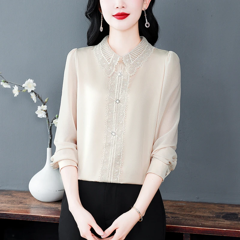 妈妈装蕾丝拼接长袖衬衫女春季新款2025大码春装衬衣女士休闲上衣