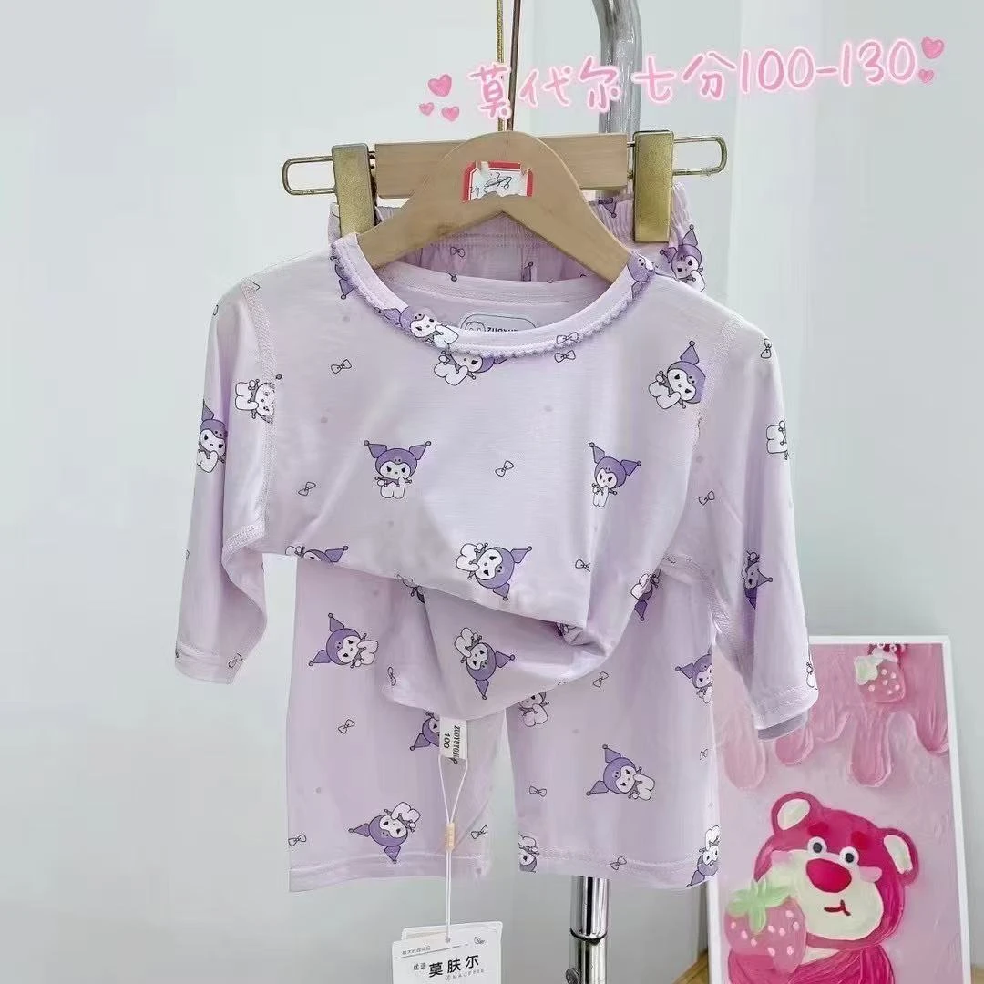 吸汗卡通风休闲风透气家居服套装小童夏款莫代尔中童童装紫色