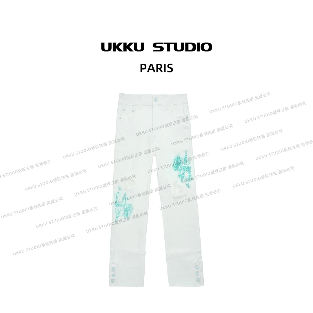 ZJ【UKKUSTUDIO】休闲裤高腰设计师款个性刺绣磨旧破洞牛仔裤313637