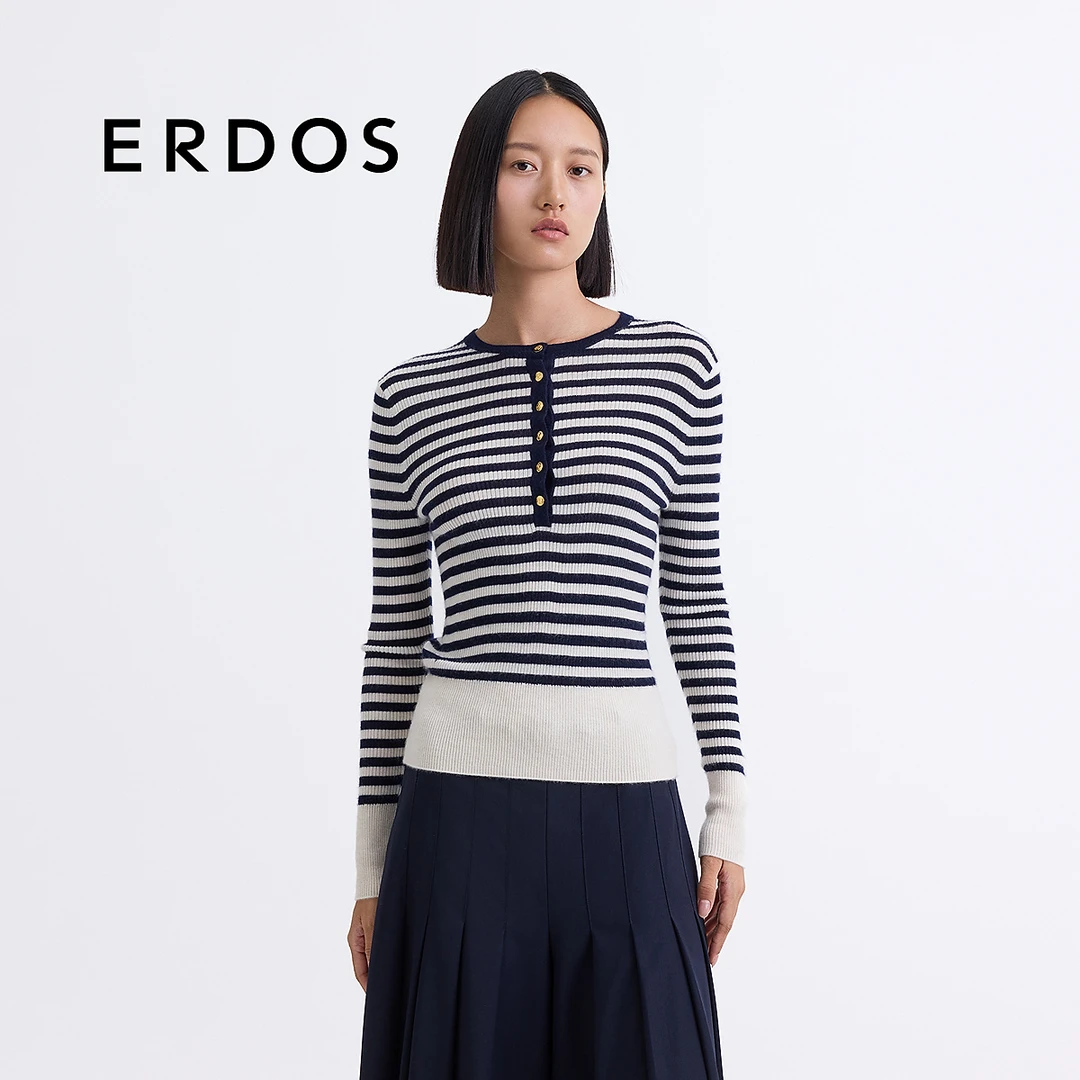 【精纺】ERDOS 亨利领丝绒混纺条纹针织衫抽条修身打底