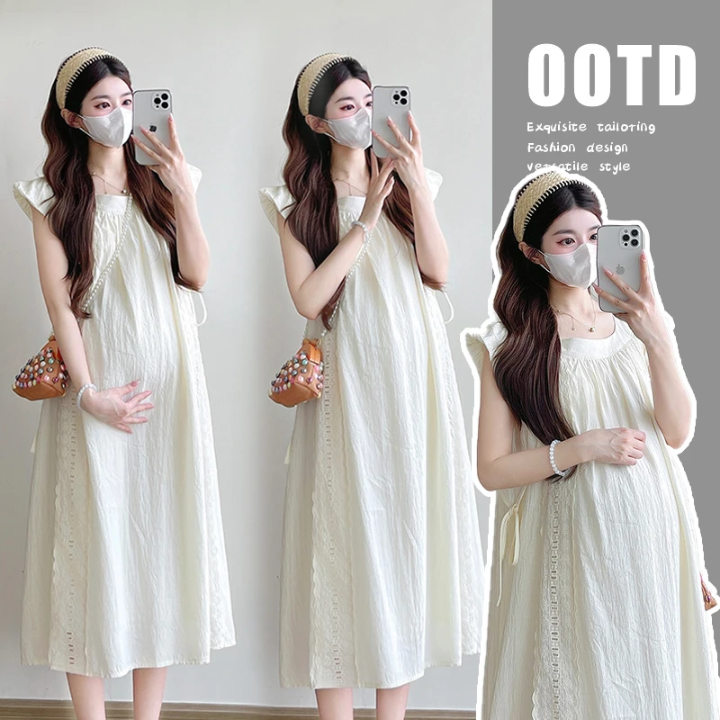 孕妇装夏装裙子2025新款缕空飞飞袖蕾丝修身夏季连衣裙
