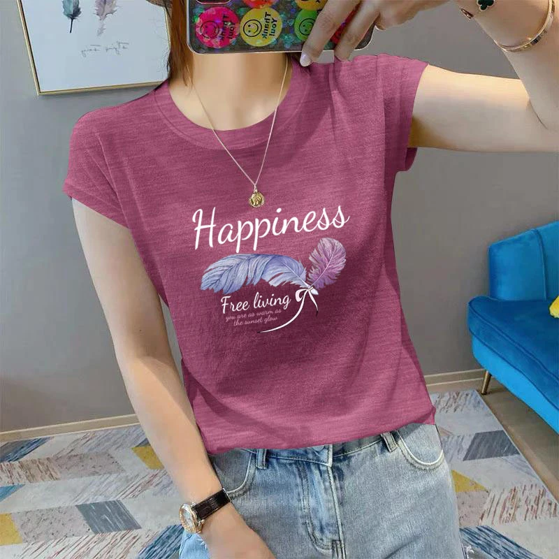 2025新款竹节棉短袖T恤女夏季薄款宽松显瘦透气韩版减龄印花上衣