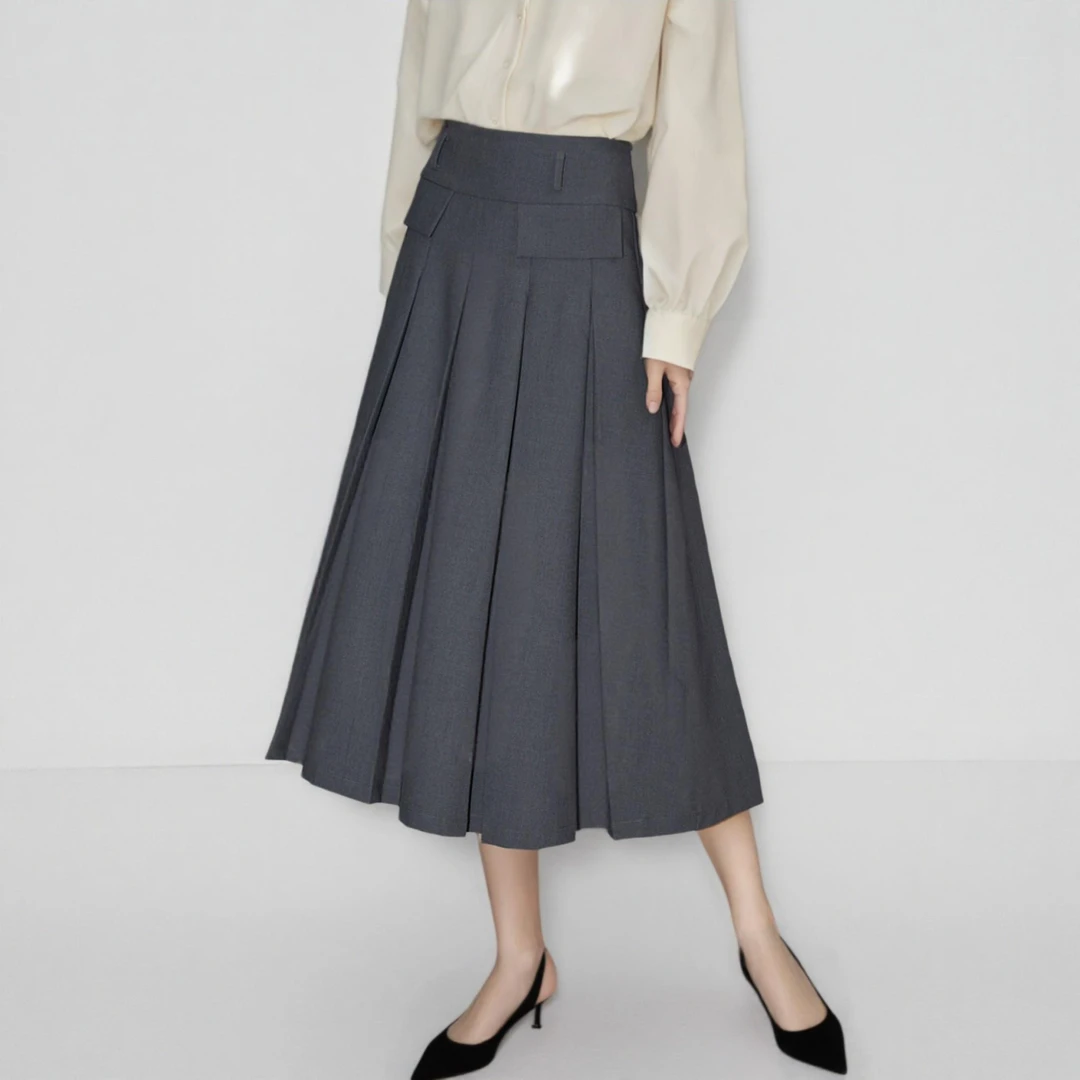 欧洲站女装2025春季新款设计感压褶高腰显瘦半身裙小众气质西装裙