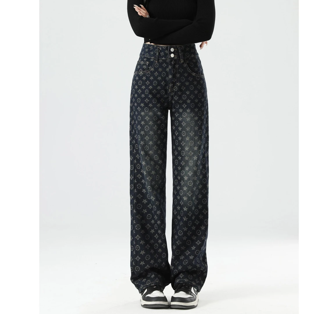 5233春秋款设计感小众复古中高腰提花花纹宽松百搭直筒牛仔裤女