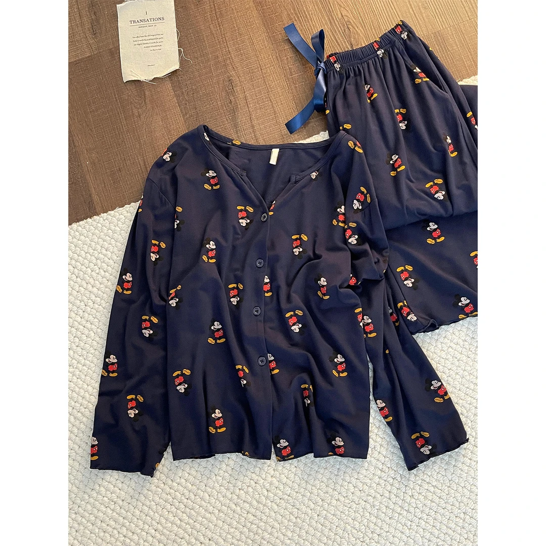 ins韩系米奇印花莫代尔睡衣女2025春秋款大码长袖长裤家居服套装