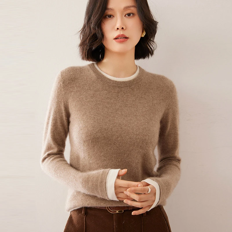 高端甄选羊绒针织衫女秋冬潮牌时尚休闲羊绒衫轻奢加厚拼色打底衫