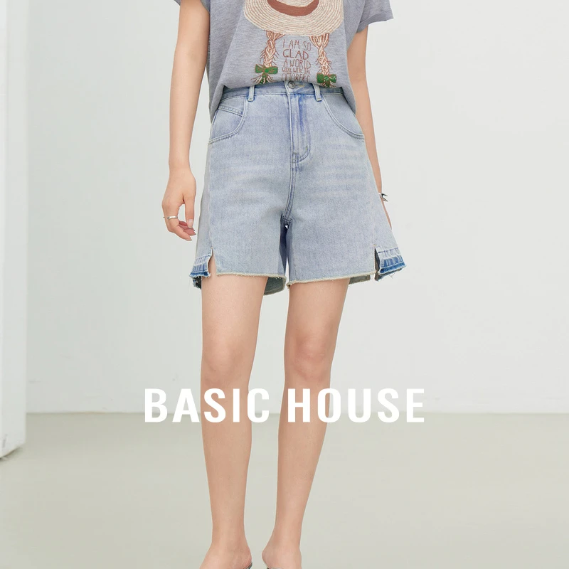 Basic House/百家好夏季休闲高腰丹宁牛仔短裤五分裤-B0624S52092