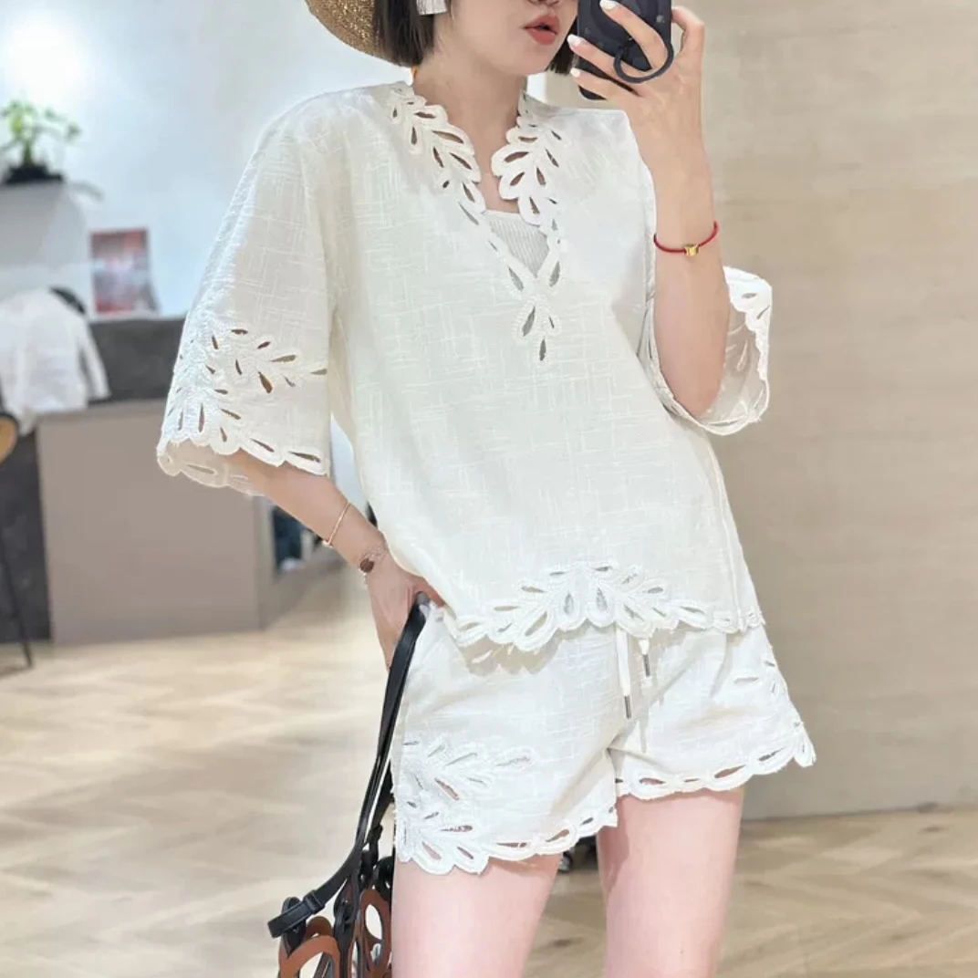 【奈斯专属】法式苎麻刺绣蕾丝套装度假风短袖短裤时尚夏季宽松女士