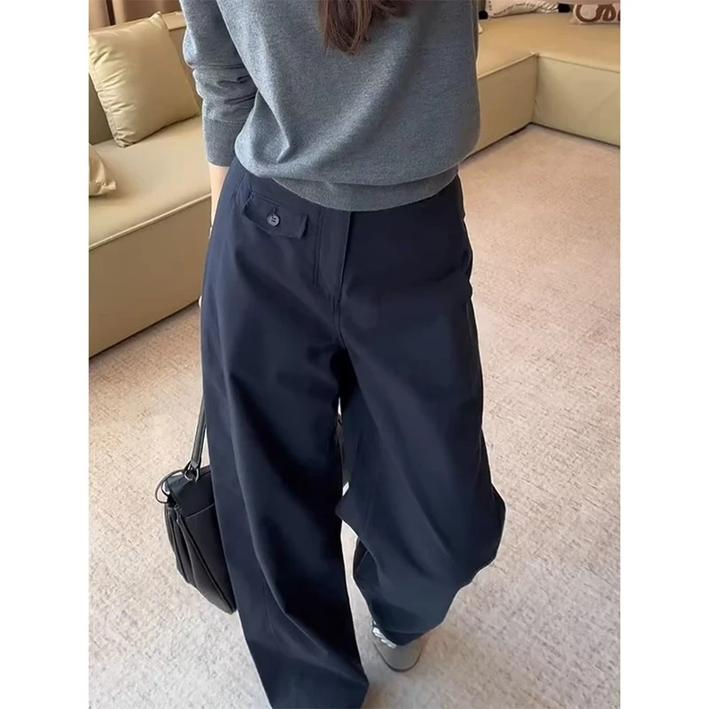 藏青色弯刀工装裤女2025秋季新款宽松梨形身材流行高腰拖地直筒裤