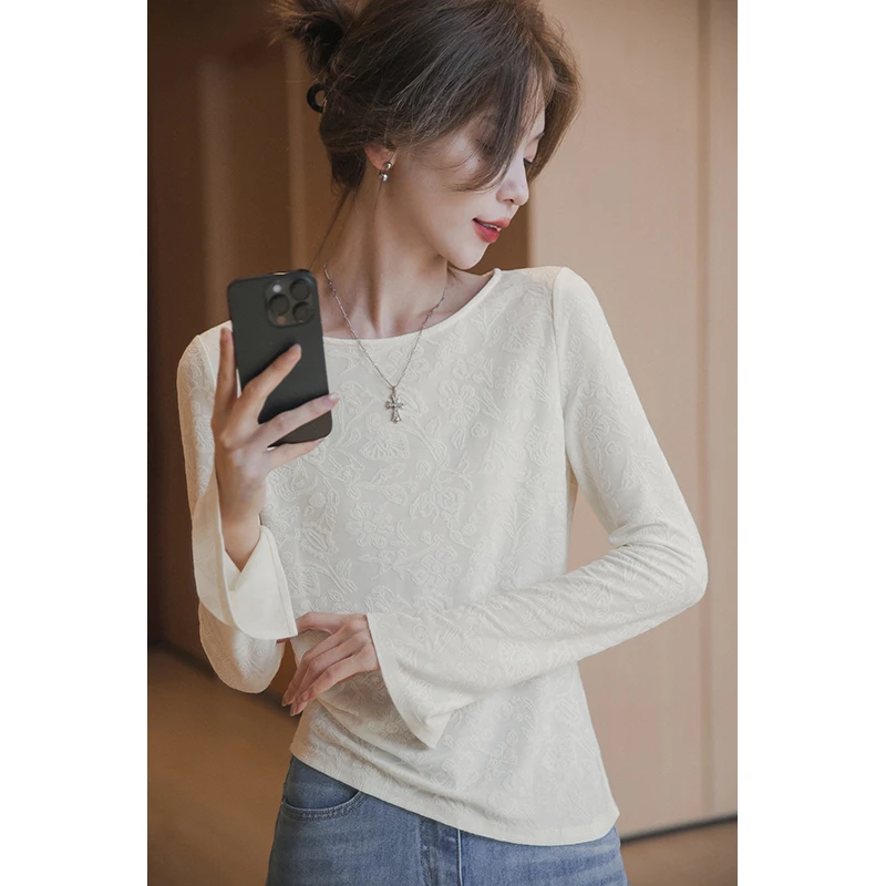 小谷粒莉莉丝打底衫 一字领长袖蕾丝衫女秋季款喇叭袖不规则上衣