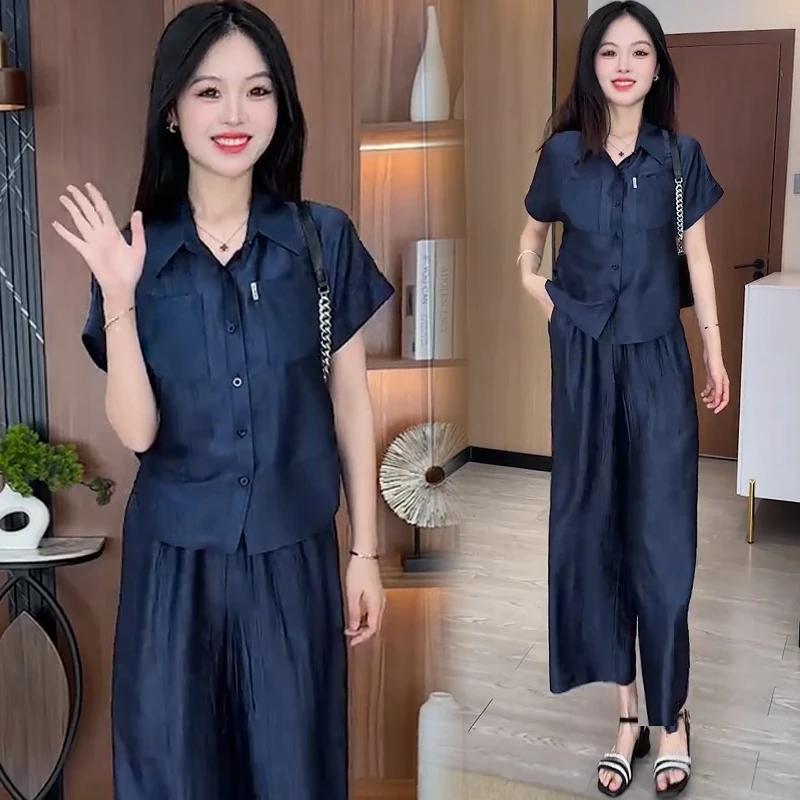 时尚气质套装女2025夏季新款洋气显瘦设计感短袖衬衣阔腿裤两件套