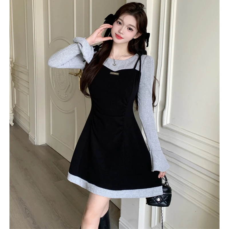 大码胖mm秋冬新款氛围感穿搭假两件拼接吊带裙显瘦连衣裙女