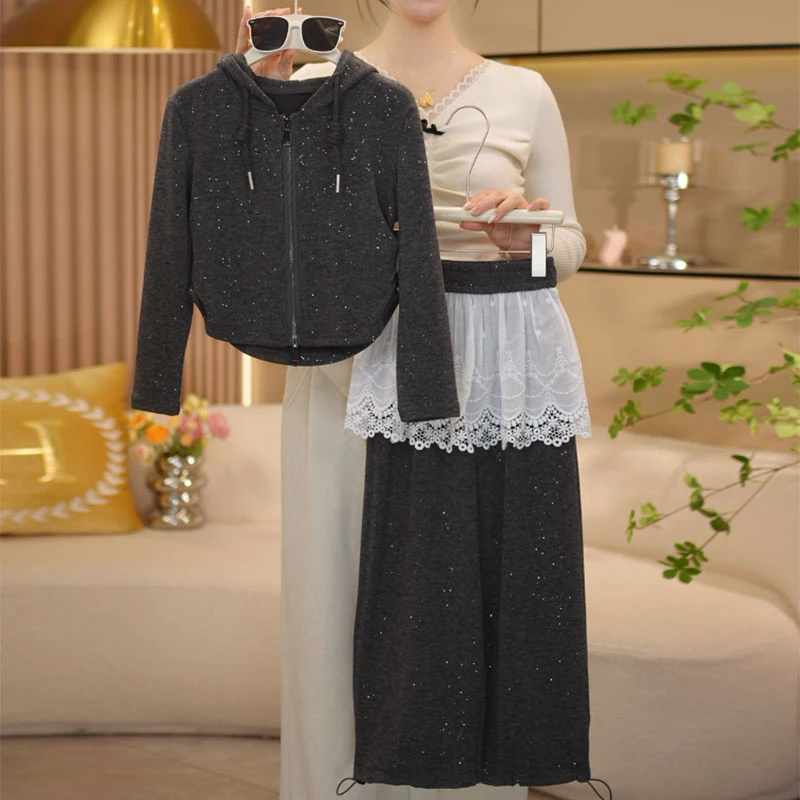 【闺蜜家】女童春季新款时尚韩系连帽拉链上衣外套+假两件裙裤-7544