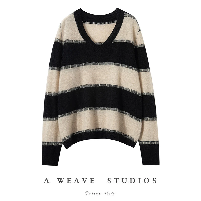 慵懒风条纹羊绒衫女秋冬套头毛衣V领长袖显瘦宽松撞色针织打底衫
