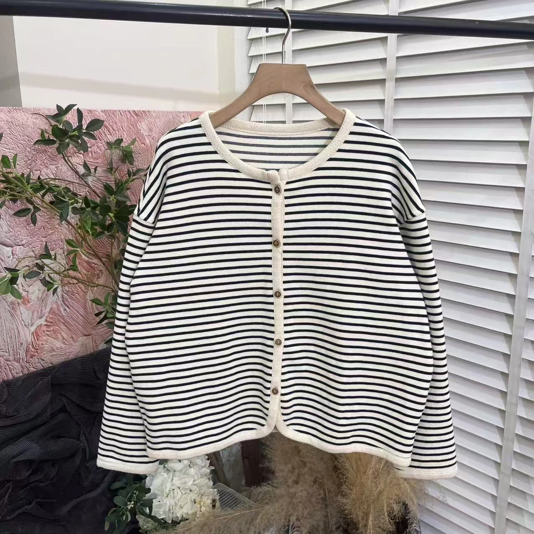 日常百搭「时尚条纹开衫」圆领休闲针织衫卫衣E6487