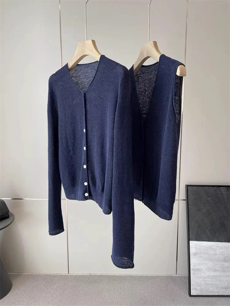 区别所有~真y纱可质检100亚麻藏青色防晒凉感针织开衫