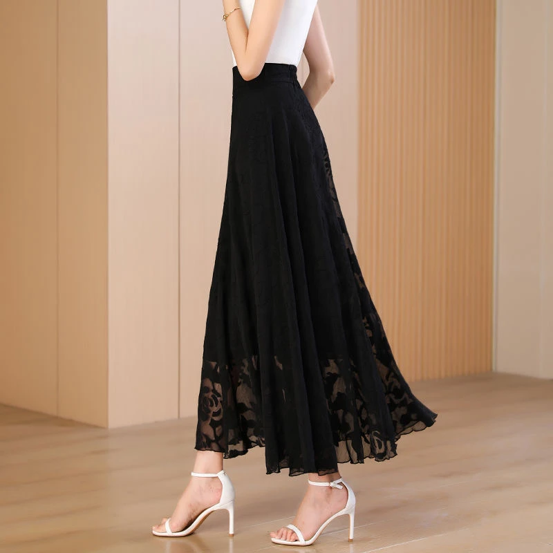 黑色提花雪纺半身裙女夏季新款镂空高级感a字长裙百搭高腰仙女裙