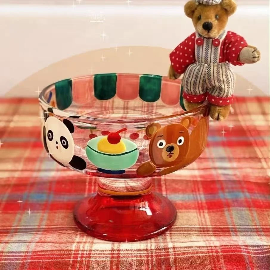 可爱童趣彩绘小熊狗狗玻璃高脚杯女生儿童果汁饮料红酒杯小众水杯