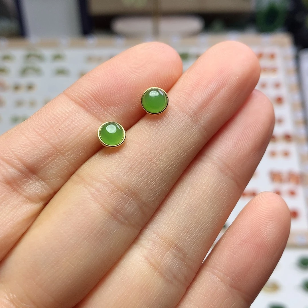 银S925镀金镶嵌和田玉（碧玉）耳饰