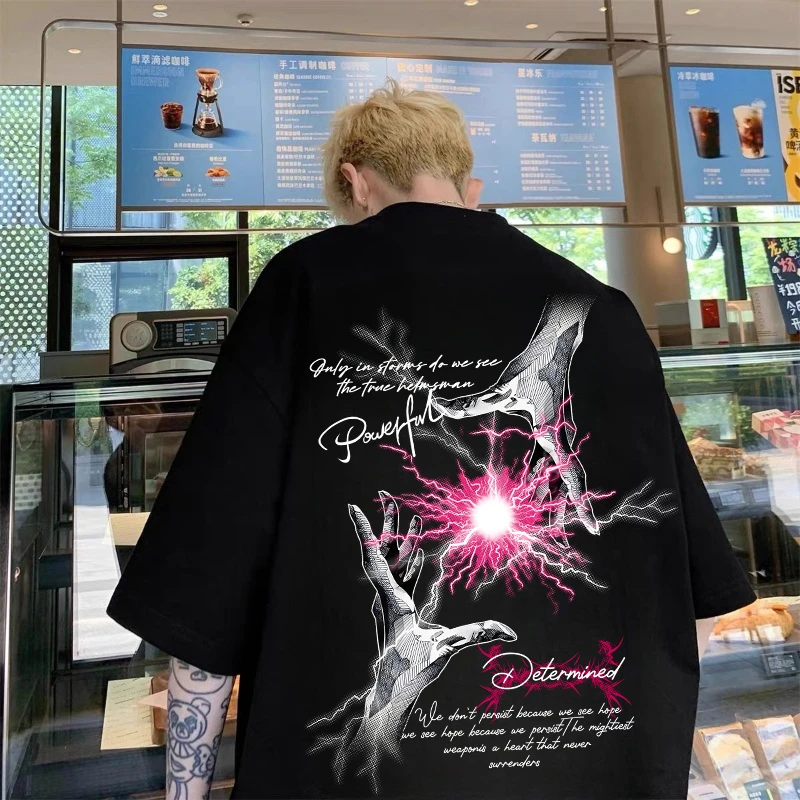 100%纯棉短袖美式松弛感宽松T恤ins潮牌夏季圆领上衣百搭夏季男装