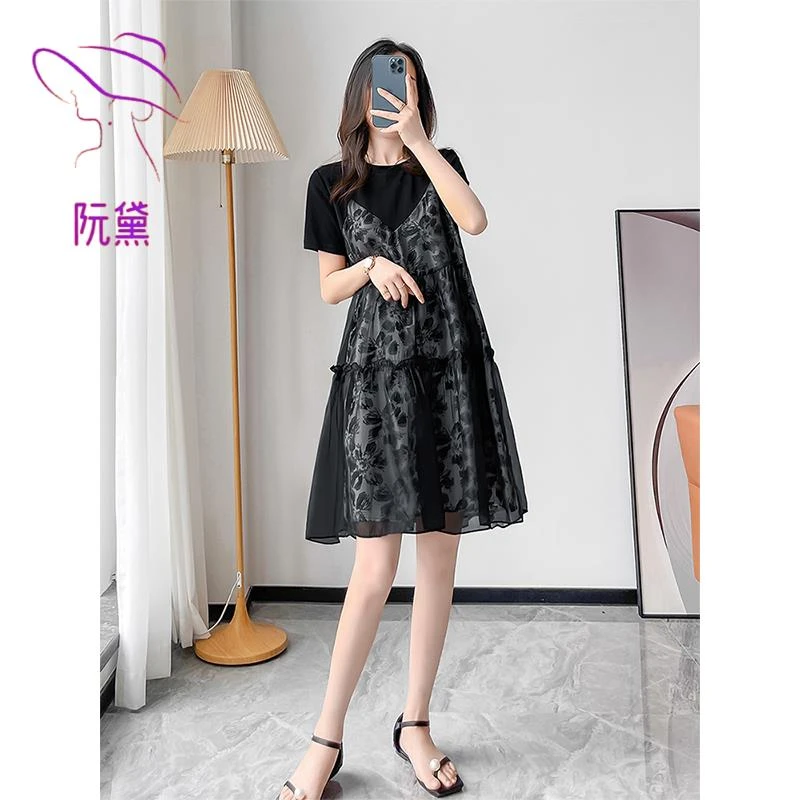 阮黛黑色雪纺印花连衣裙女夏季宽松遮肚显瘦娃娃裙法式短袖A字裙