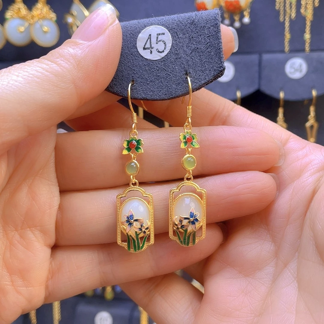 和田玉耳饰银S925镀金镶嵌