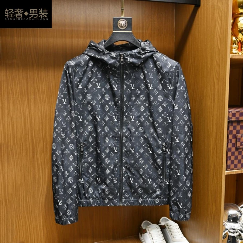 欧洲站潮牌花色时尚夹克男装春秋季新款修身轻奢痞帅个性连帽外套